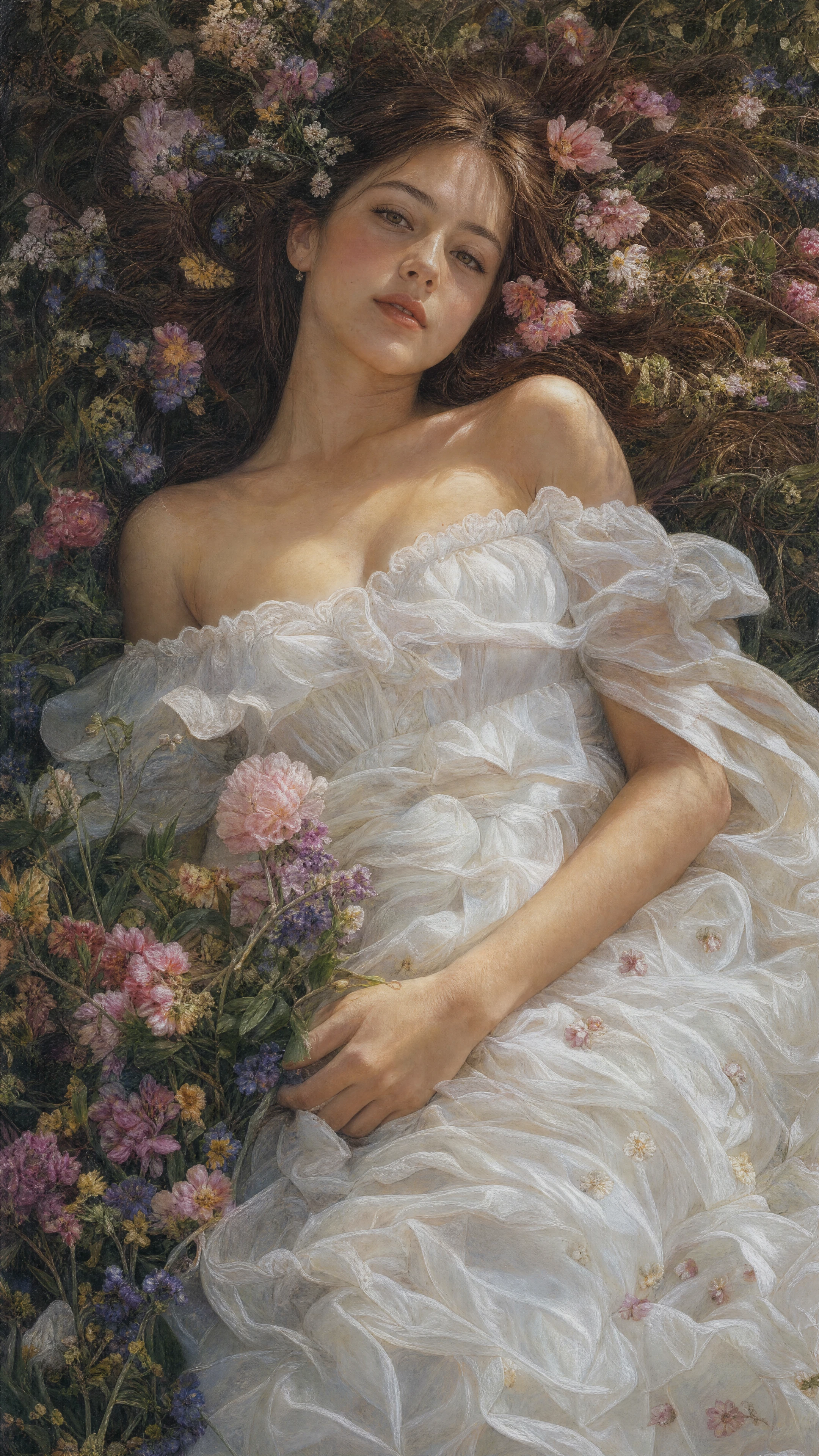 Pastel portrait of a girl lying in a flower field