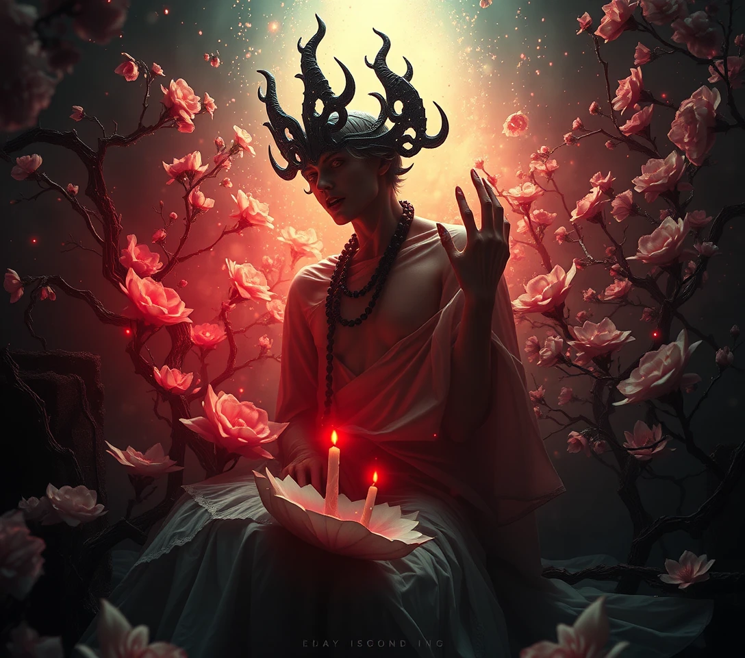Surreal woman of sound in celestial light and bloom