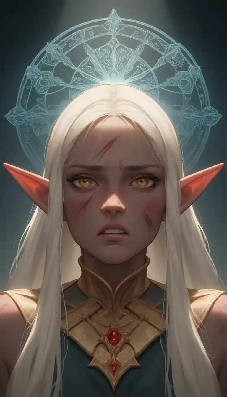 Wounded dark elf princess in a ruined palace interior