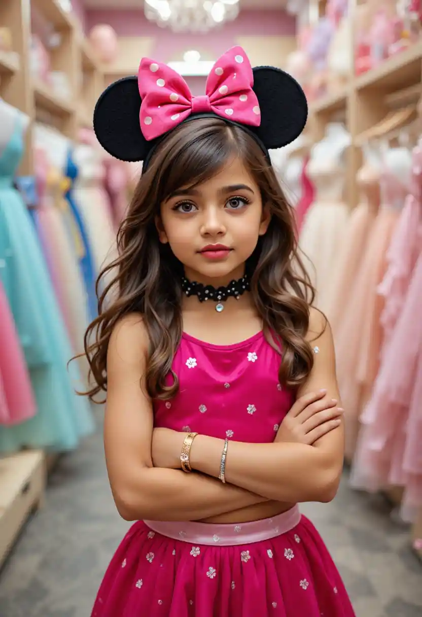 Verlegener Junge im pinken Minnie-Kleid posiert in Innenraum