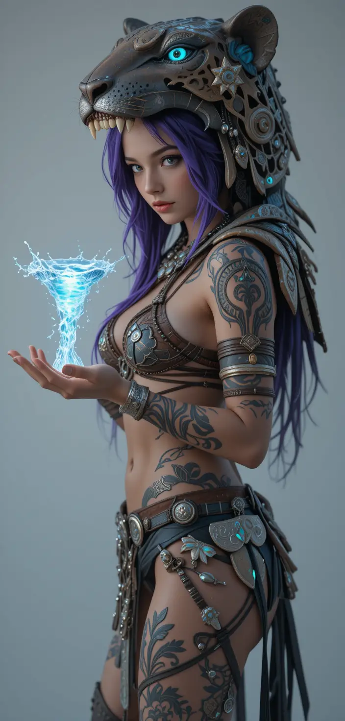 Purple haired warrior woman in jaguar headdress with water vortex