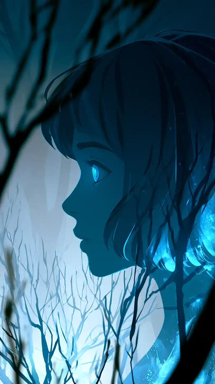Anime girl in profile glowing in a misty forest
