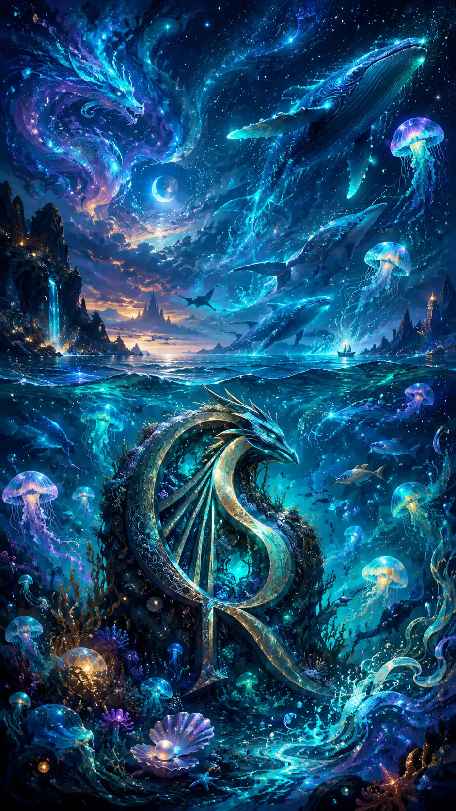 Endless midnight ocean glowing with bioluminescent marine life