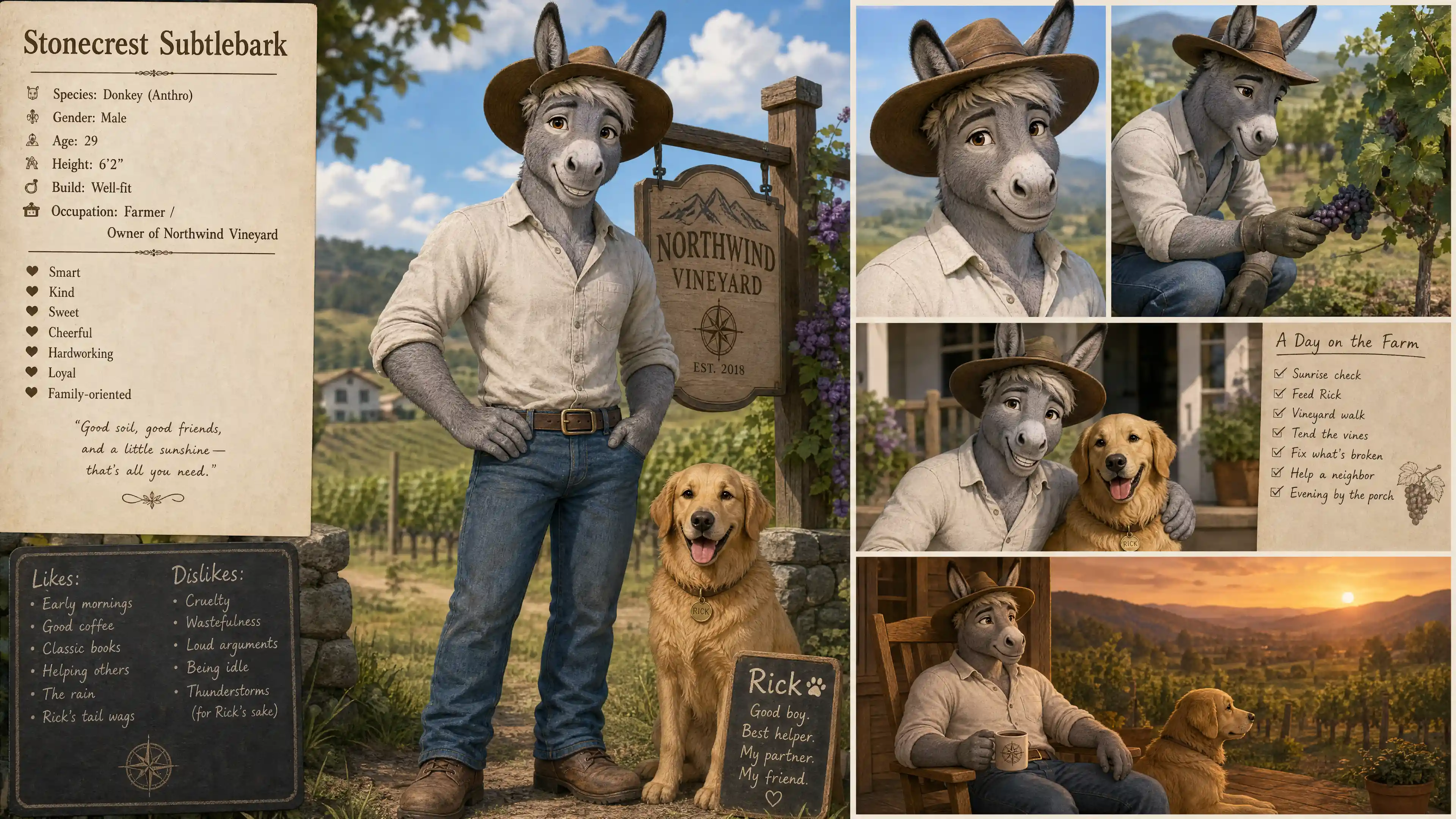 Cheerful anthro donkey farmer with dog on rural farm