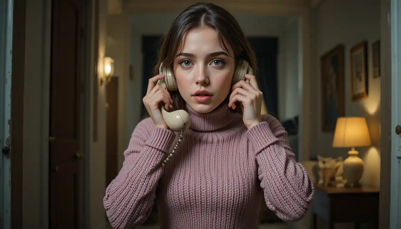 Anxious teenage girl on a vintage phone in soft light