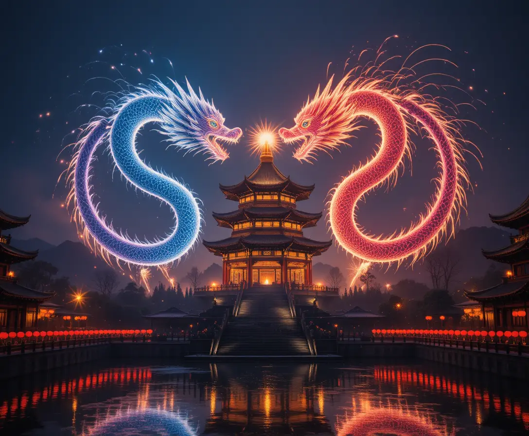 Firework dragons swirling above lantern lit temple and lake