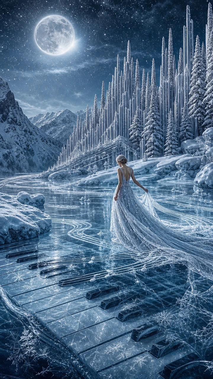 Bosque nevado congelado transformado en paisaje musical de invierno