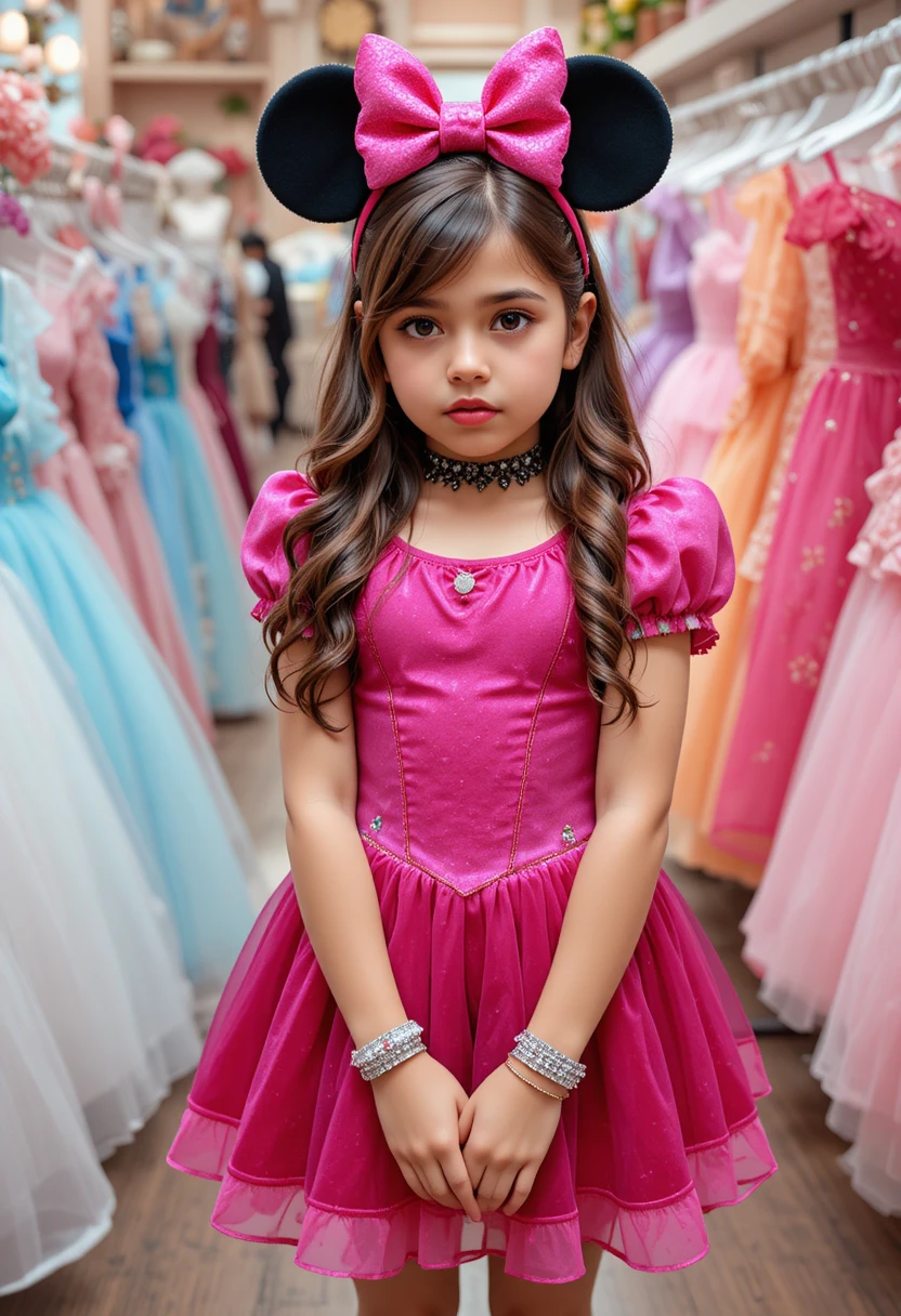 Nervous young boy in pink Minnie Mouse dress