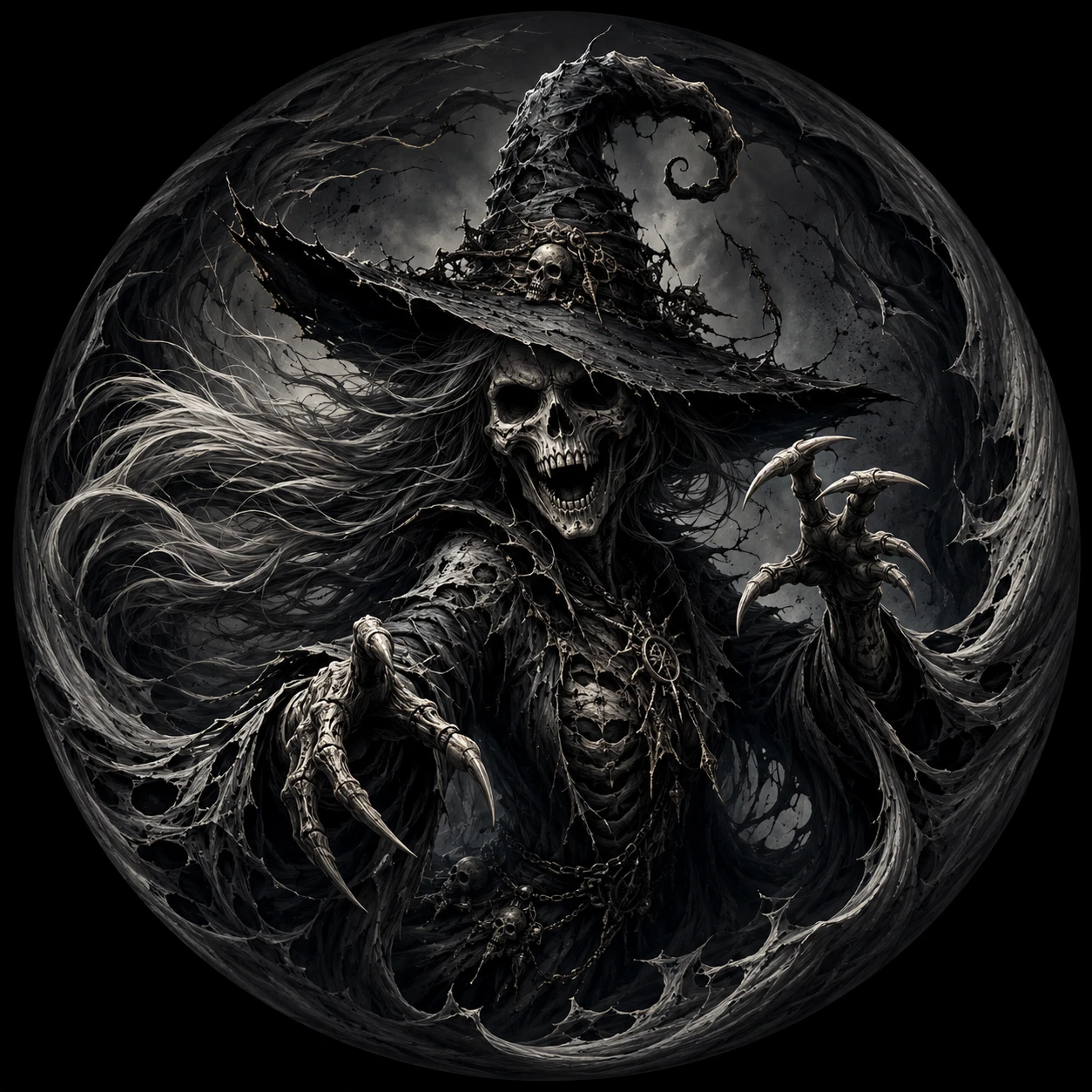 Macabre skeletal witch in swirling dark circular vortex