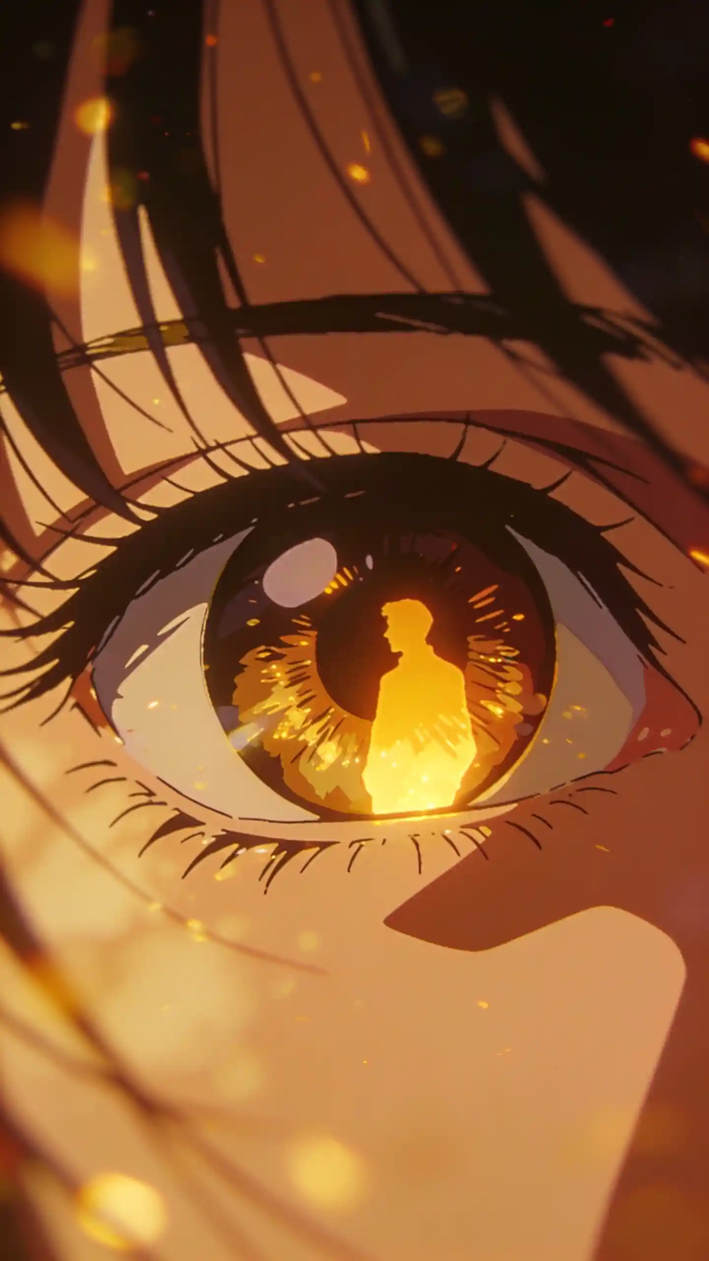 Anime woman close up with husband reflected in her eyes