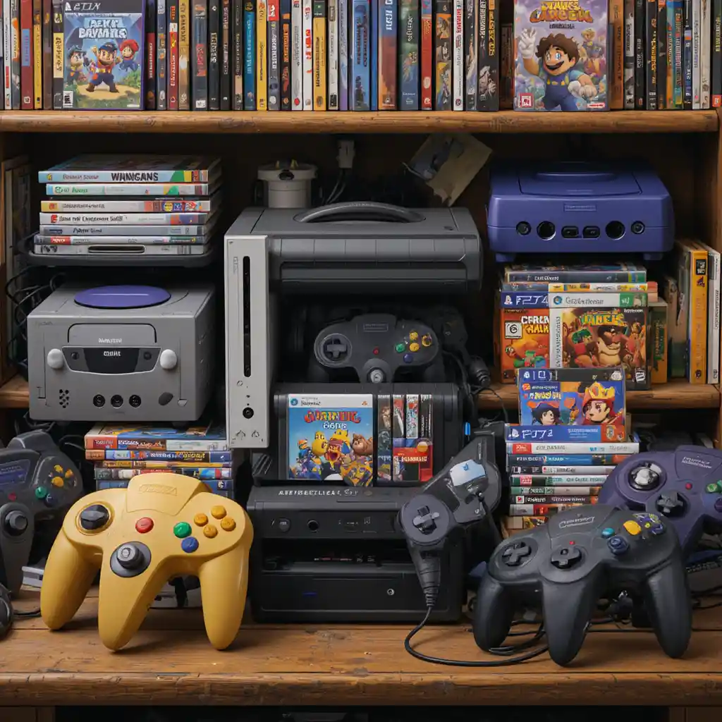 Cozy gaming room with stacked retro video game covers