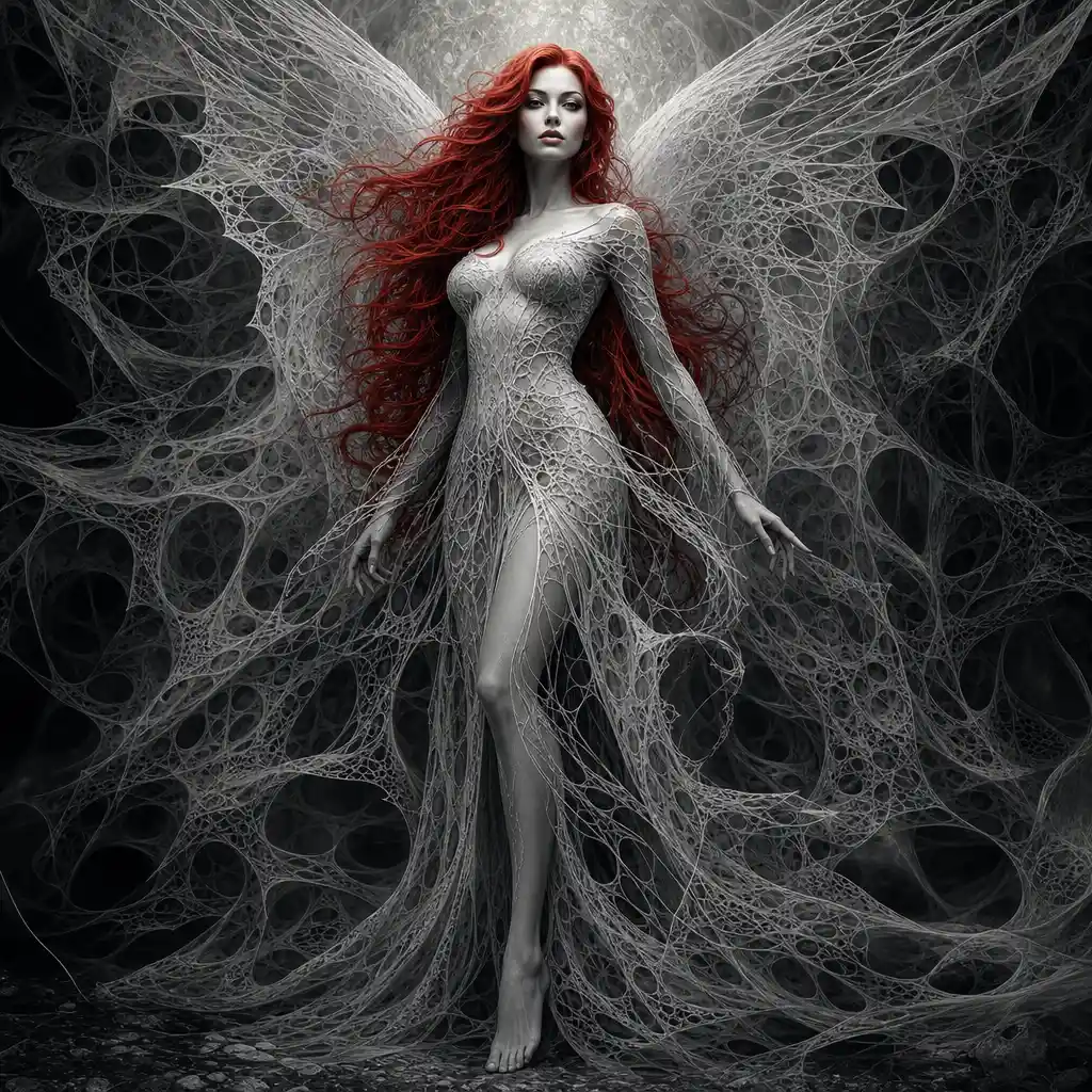 Red haired angelic woman in surreal monochrome landscape