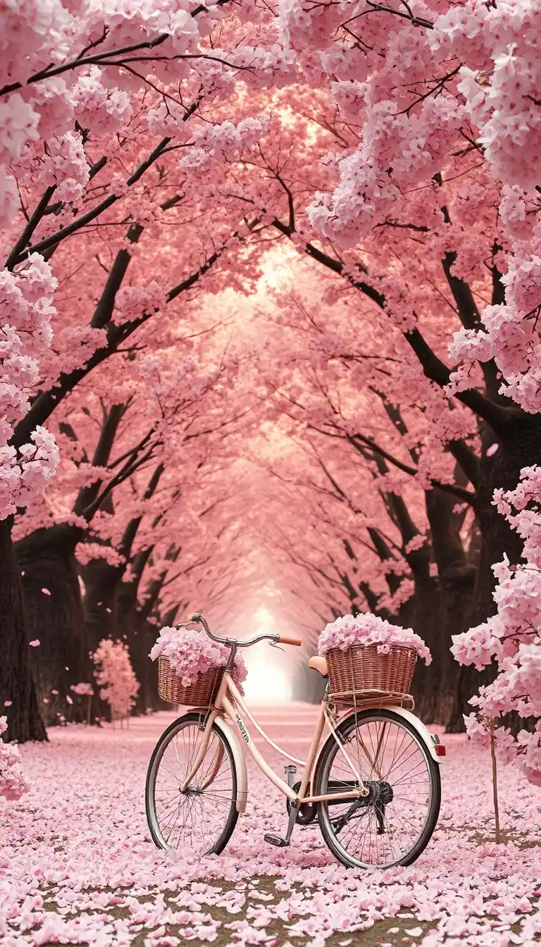 Cherry blossom avenue with vintage bicycle in soft sunlight