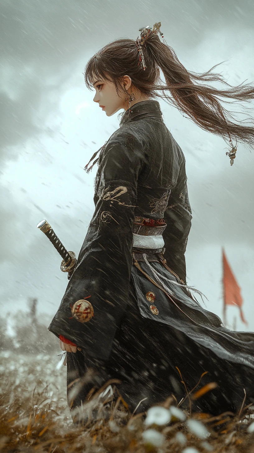 Anime girl on rainy rooftop beside tall grass and flowers