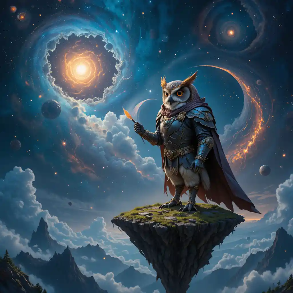 Armored owl knight watching a cosmic fantasy sky