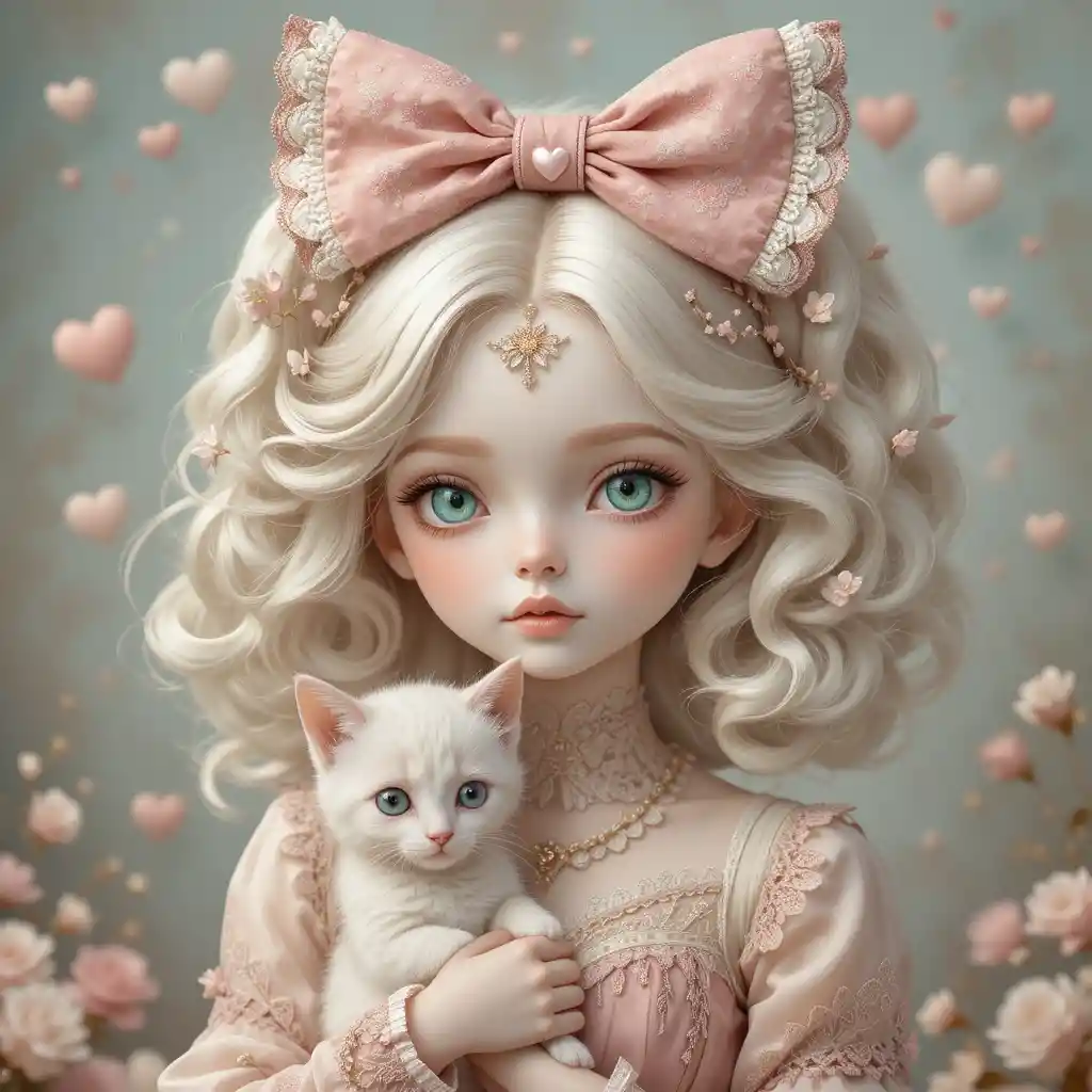 Doll like girl with kitten and floating pastel hearts