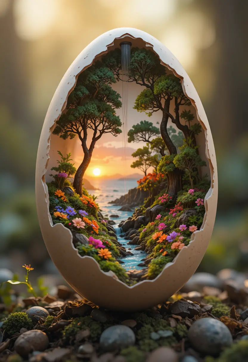 Coquille d’œuf brisée révélant un minuscule paysage fantastique
