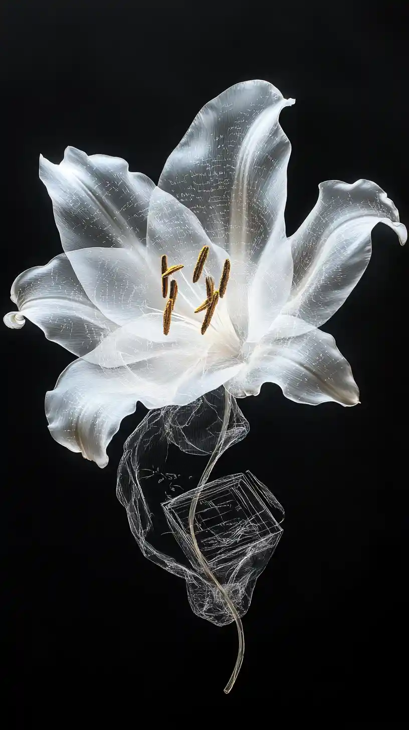 Translucent white lily between life and memory in darkness
