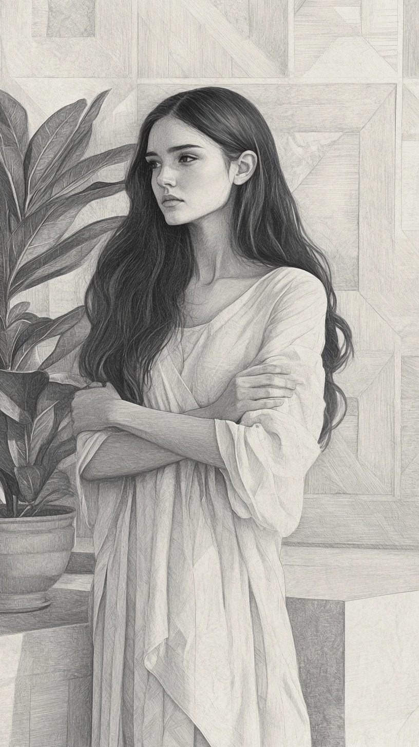 Young woman in flowing dress beside plant in sketch