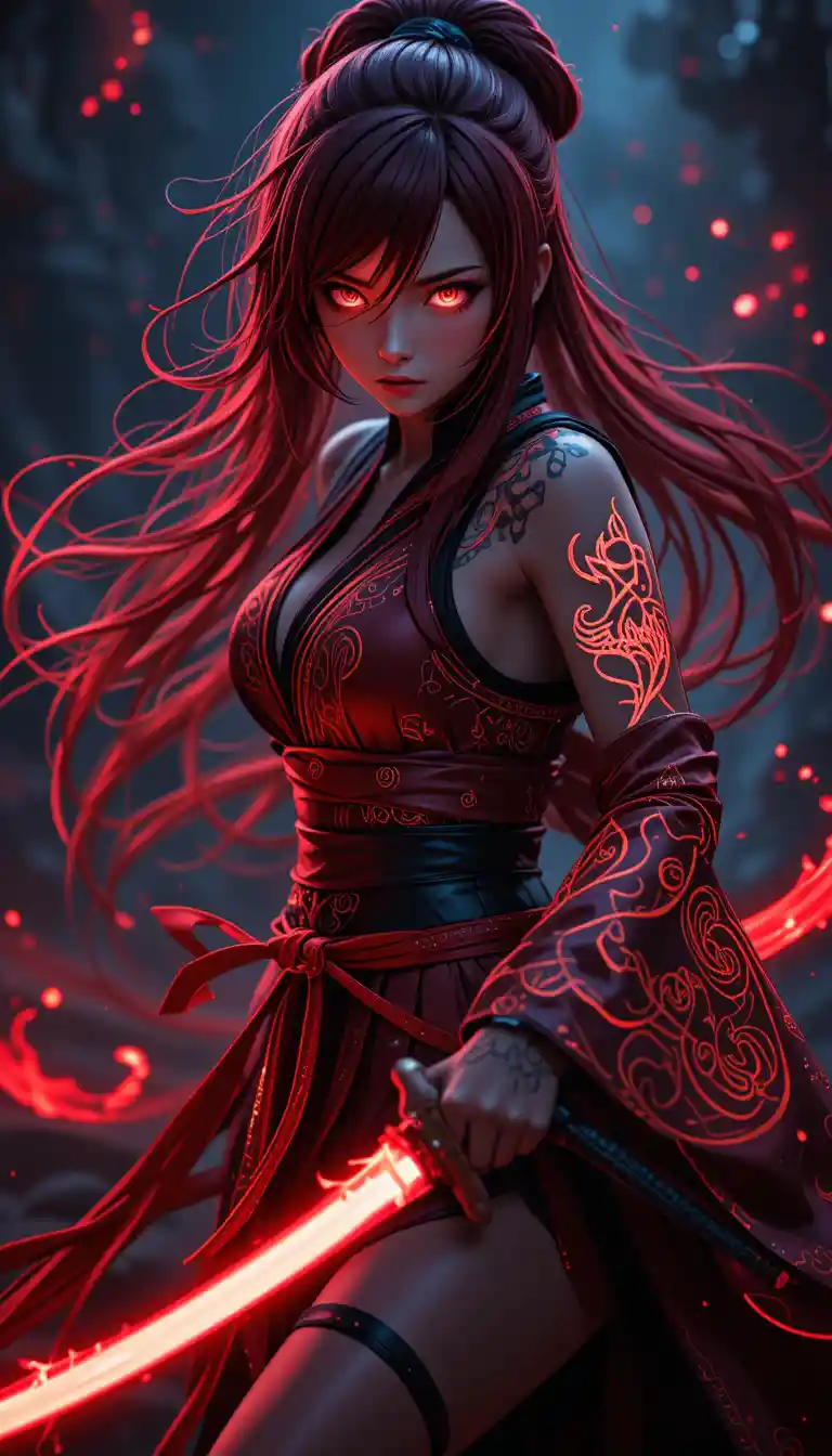 Anime warrior woman with glowing runes and lava katana