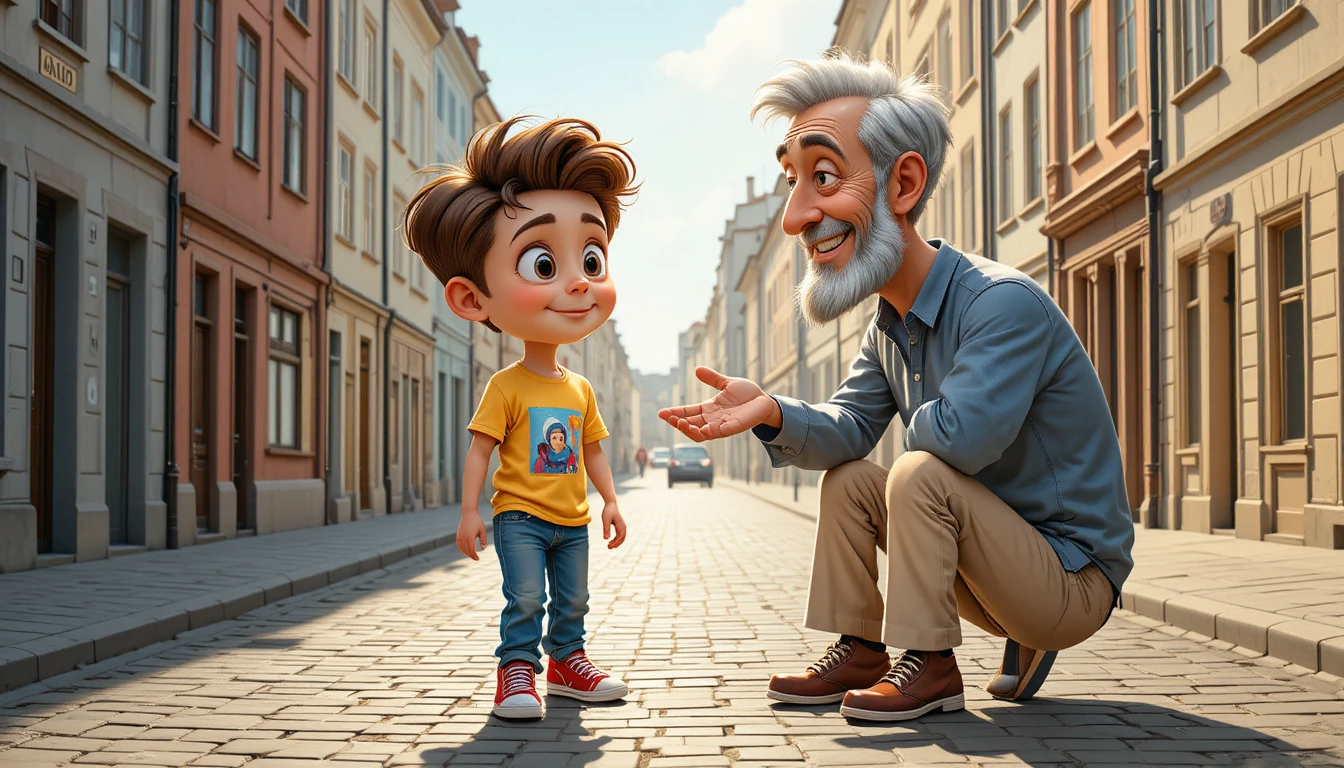 Young boy walking on sunny European cobblestone street