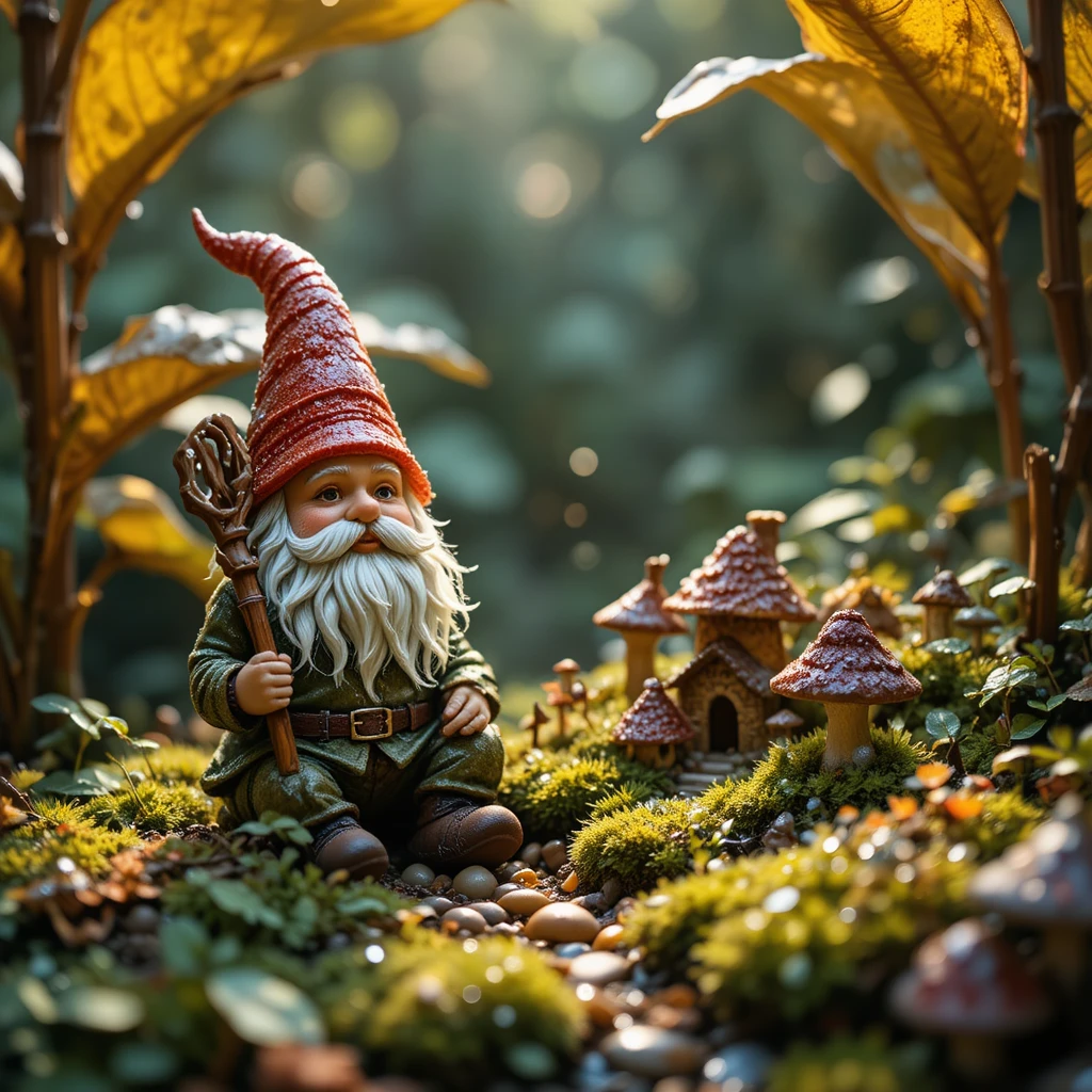 Garden gnome beside a tiny mushroom village in sunlight