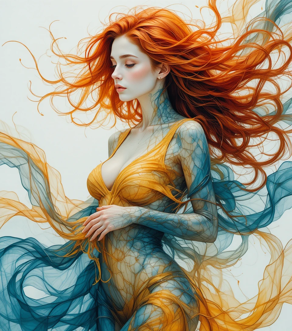 Surreal watercolor woman with flowing red hair and scarf