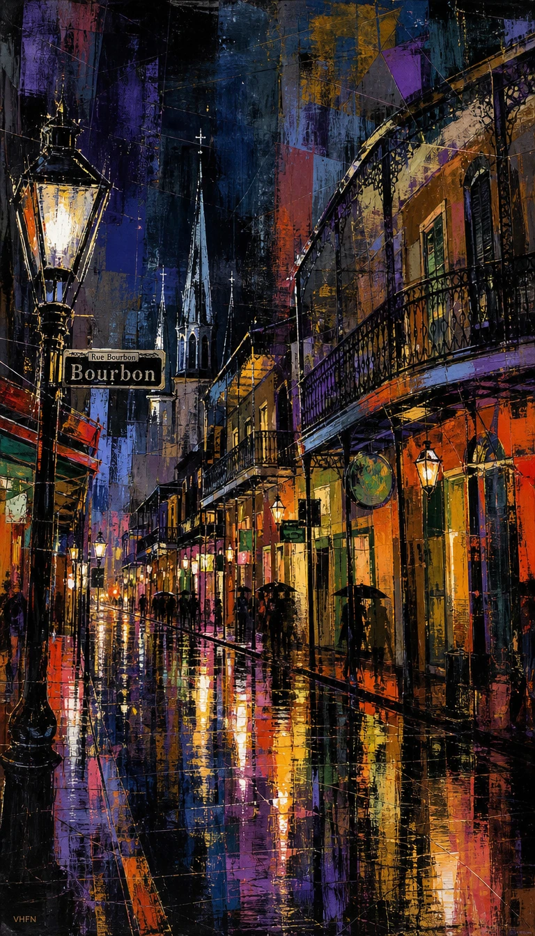 Escena de calle lluviosa en Nueva Orleans de noche con reflejos