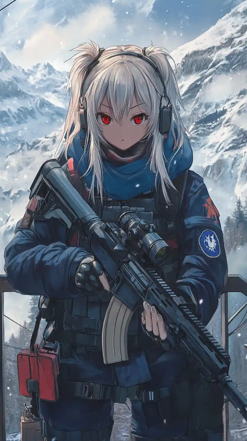 Anime girl with rifle in long black coat and bun