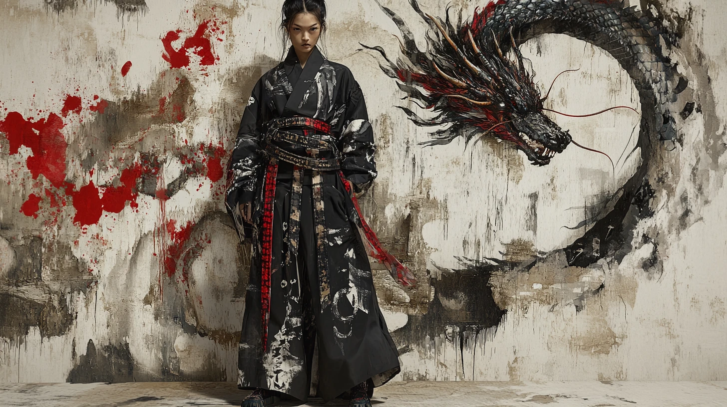 Urban street mage with layered belts chains and dragon companion