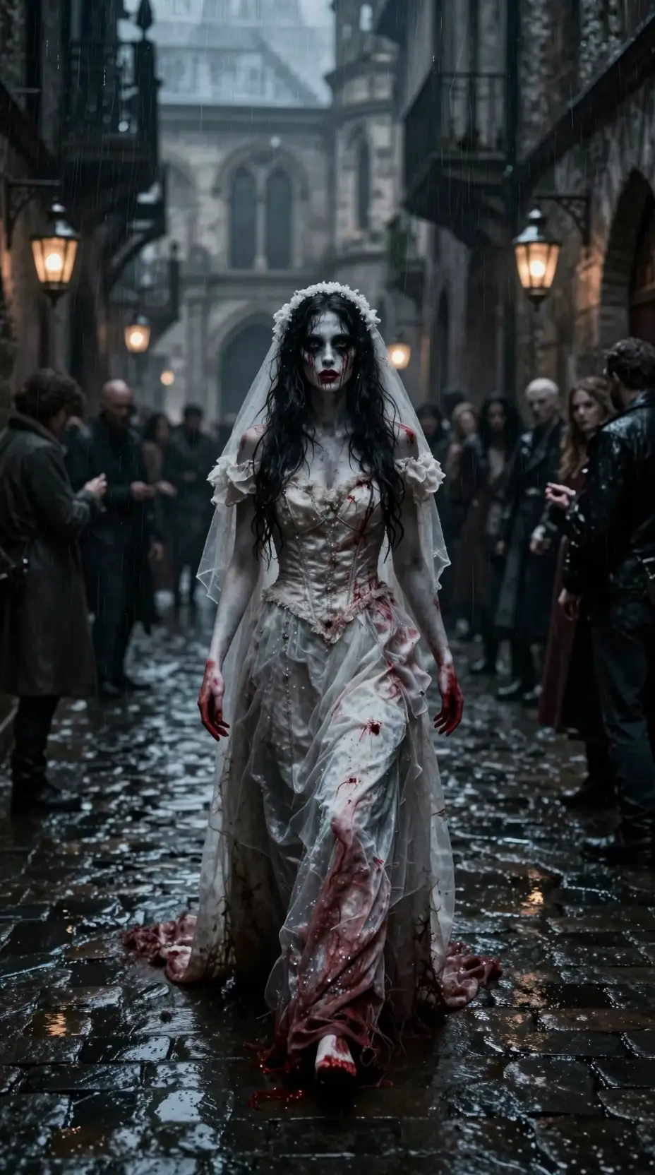 Ghostly bride walking through a flooded city alley