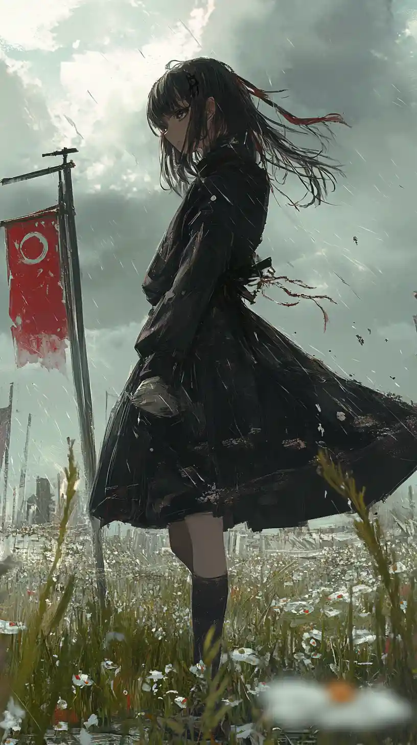 Anime girl on a rainy rooftop with tall grass