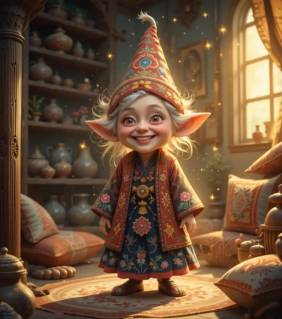 Cheerful household spirit glowing in a warm cozy home
