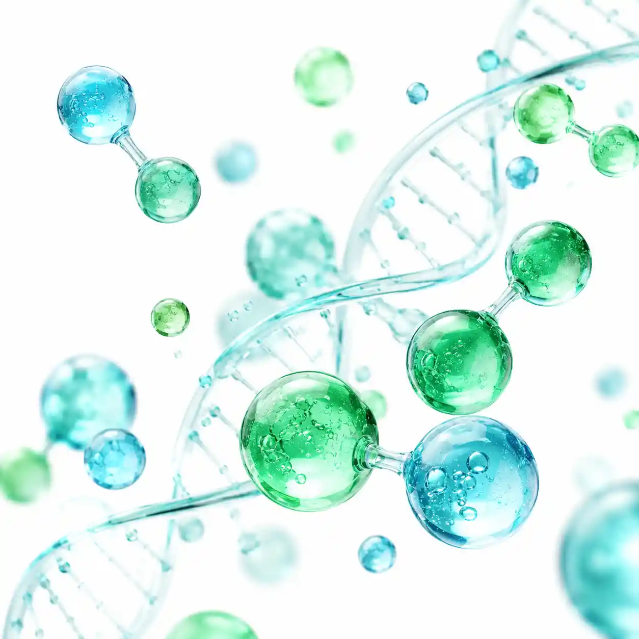 Glowing molecular spheres in a minimal white 3D scene