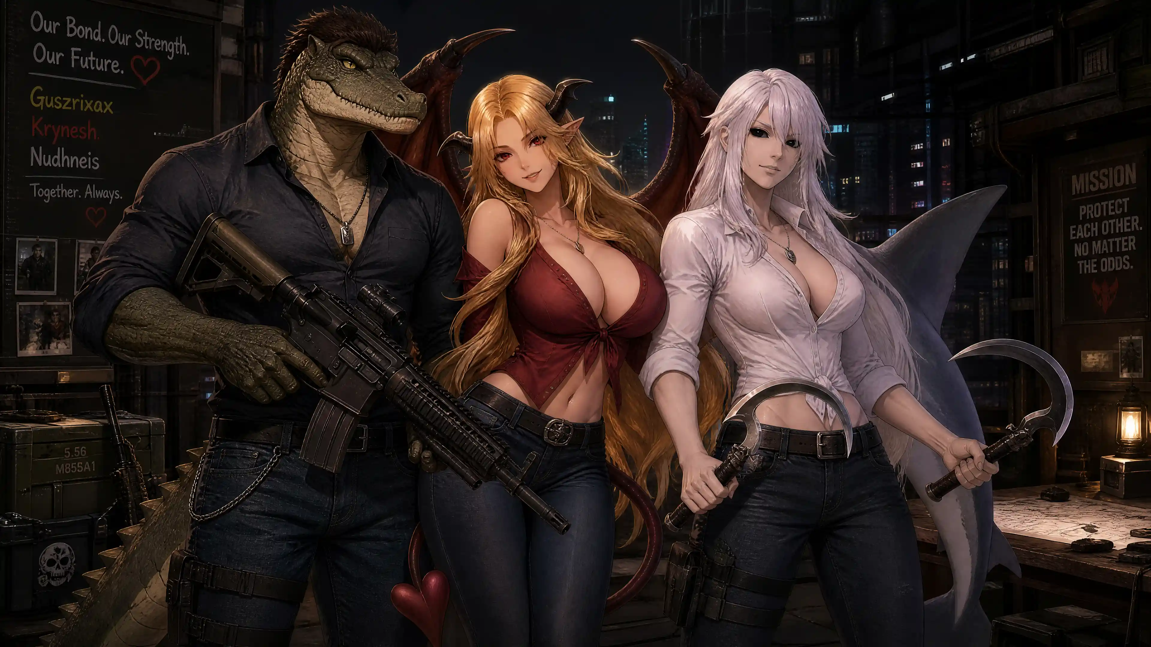 Confident succubus woman with golden hair in casual outfit