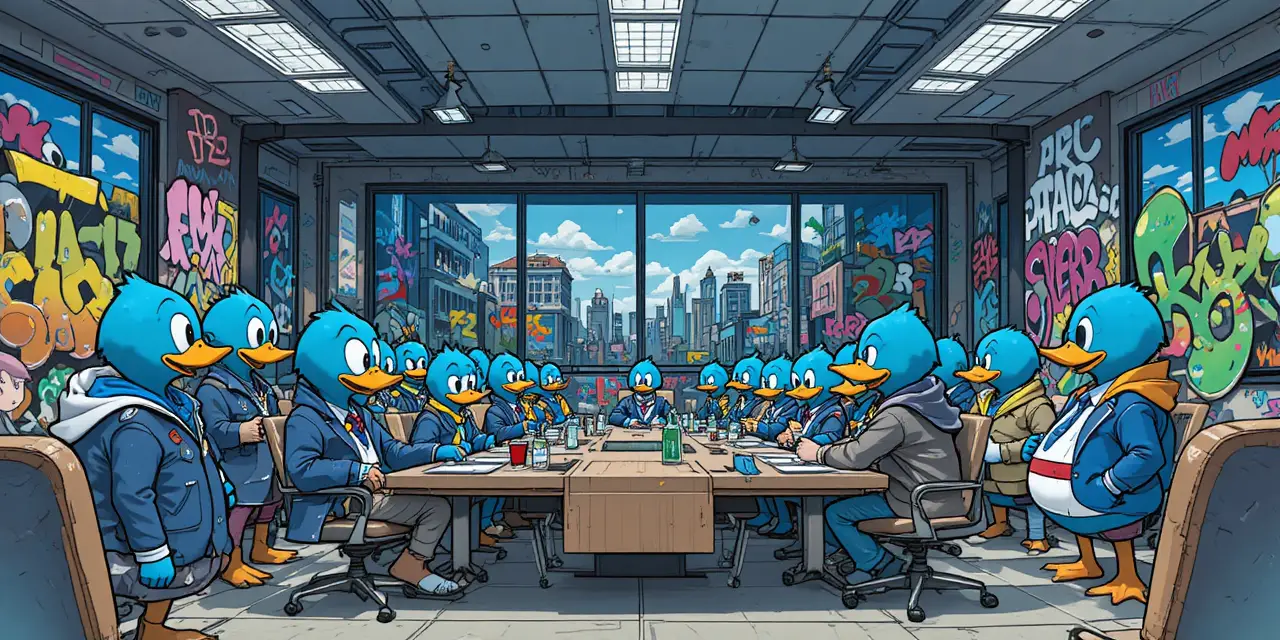 Blue humanoid ducks in a tense urban war room