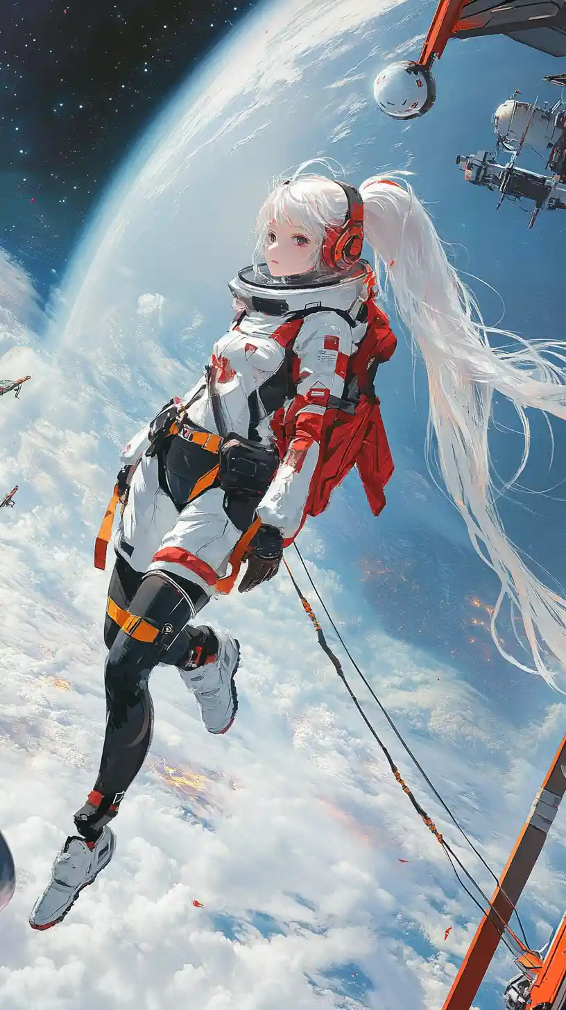 Anime girl floating in a futuristic spacesuit above space station