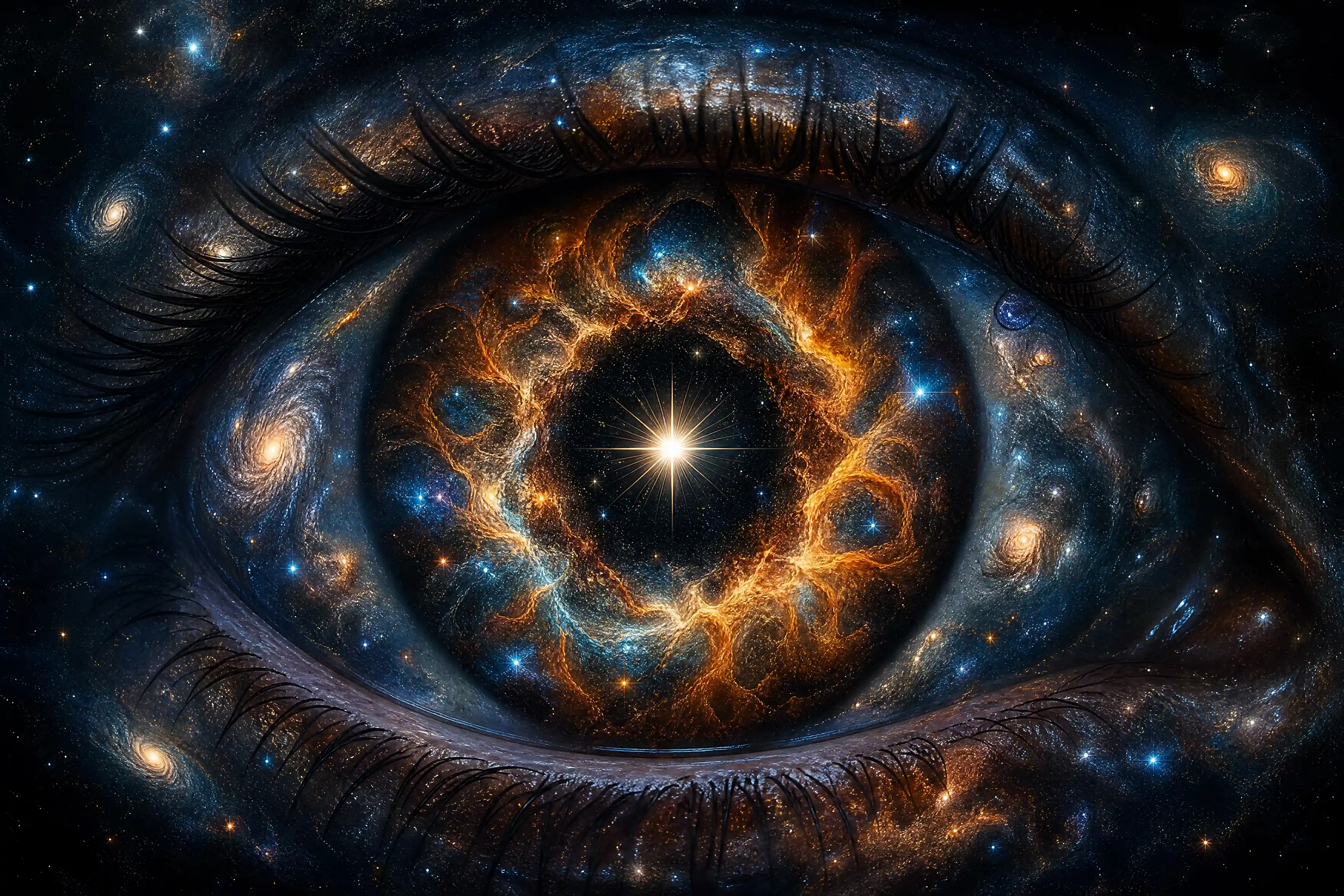 Surreal cosmic galaxy swirling within a human eye