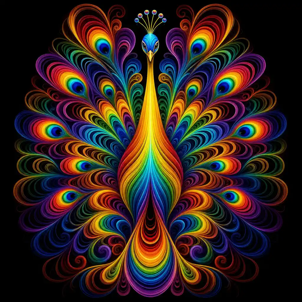 Symmetrical Abstract Peacock Of Glowing Rainbow Ribbons