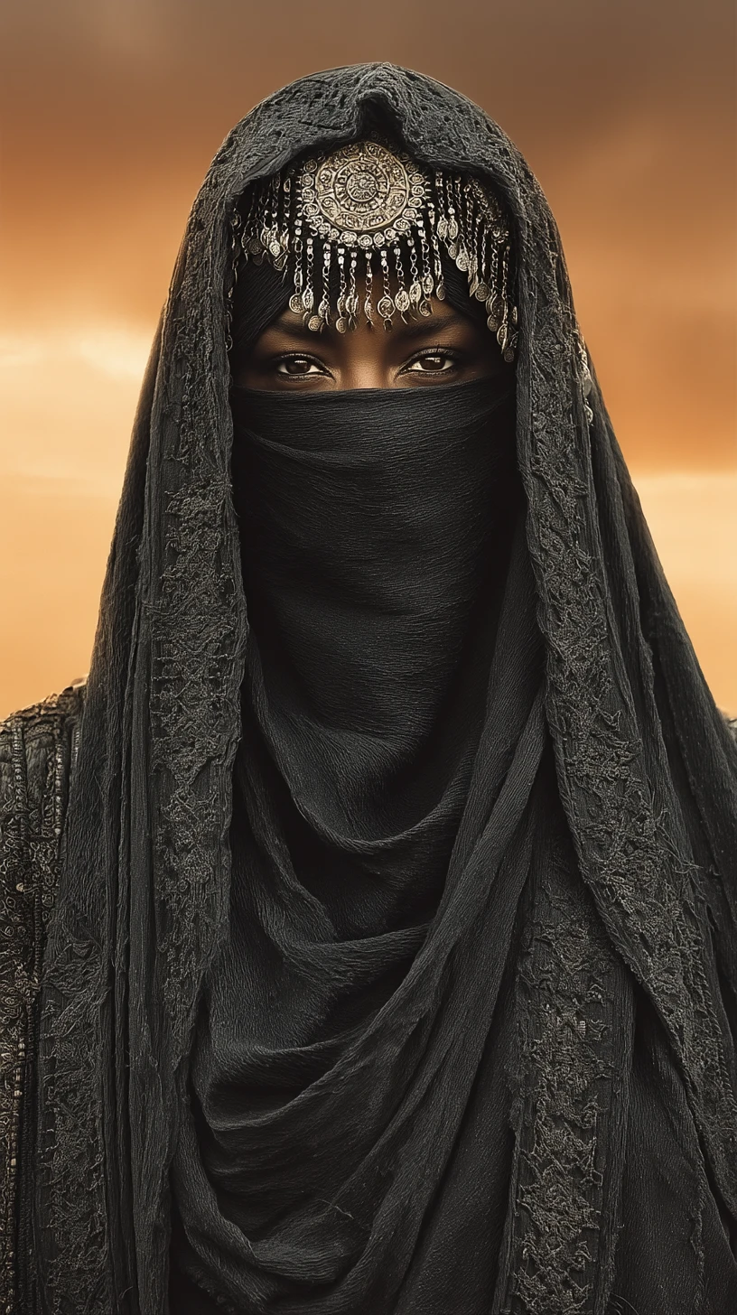 Bedouin horsewoman in flowing abaya against dramatic desert sky