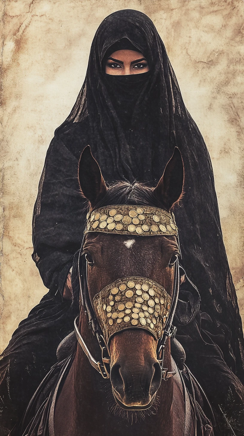 Bedouin horsewoman in flowing abaya under desert storm sky
