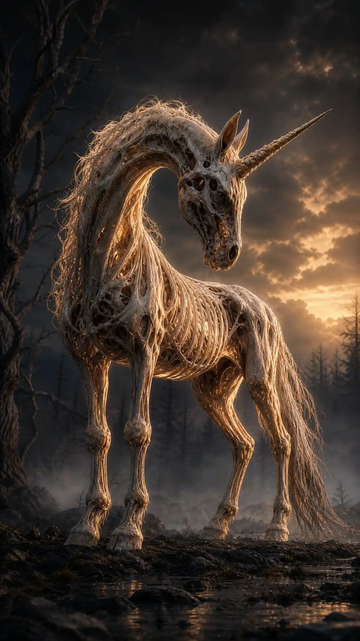 Emaciated unicorn in a gloomy forest clearing at twilight