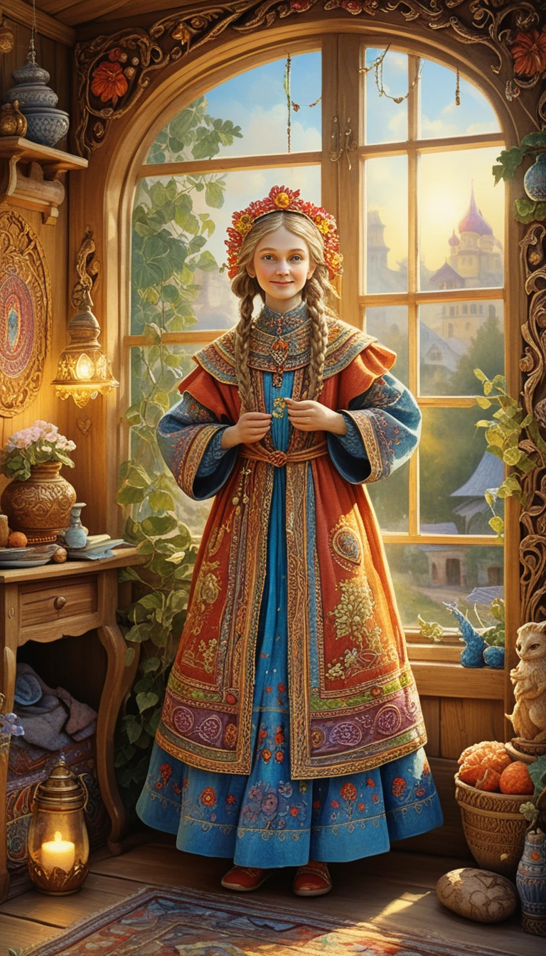 Cheerful house spirit in warm glowing cozy interior
