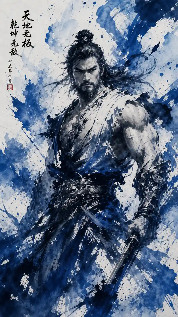 Mythical warrior emerging from bold blue ink brushstrokes