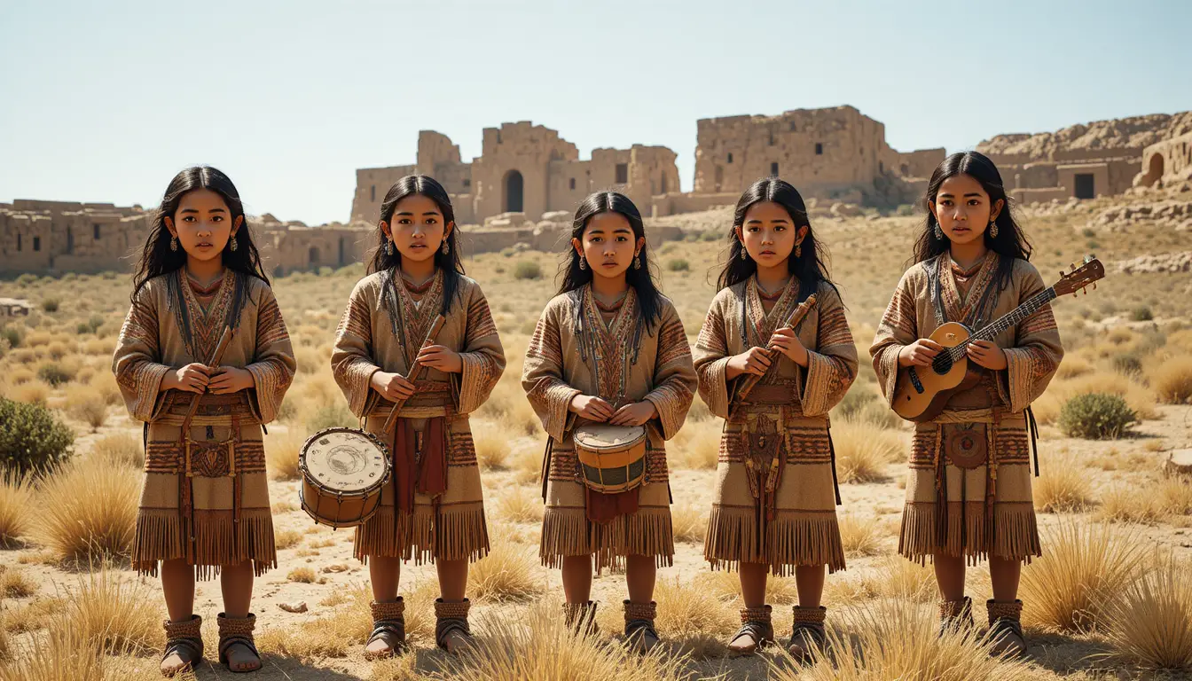 Indigenous musicians performing with flutes and drums outdoors