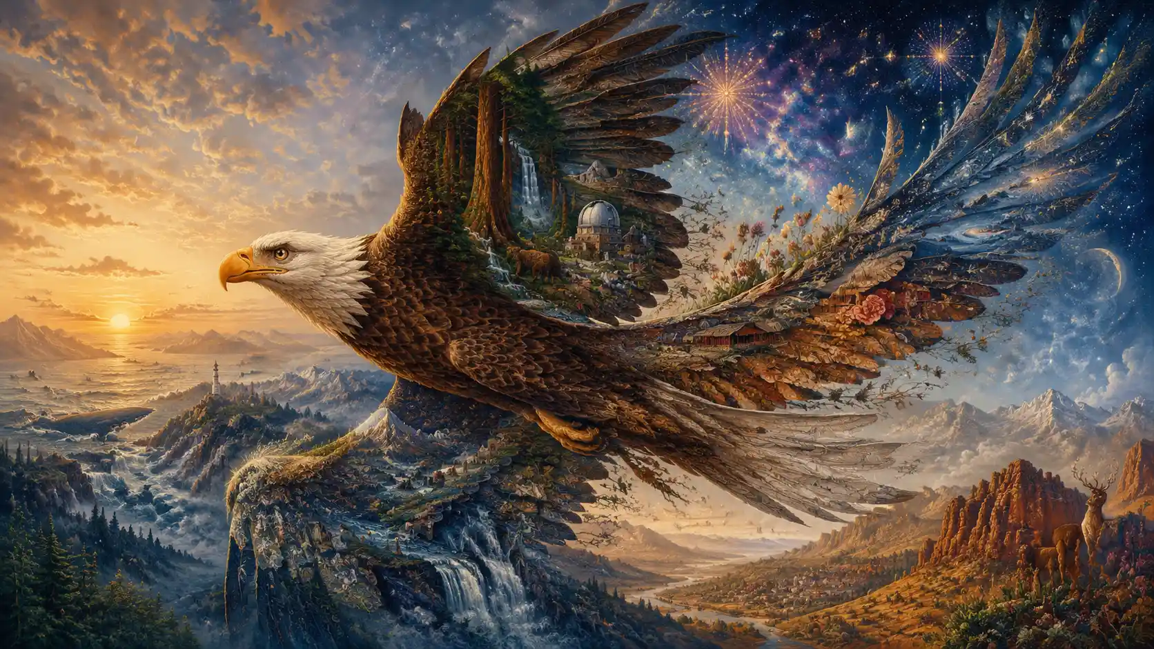 Weißkopfseeadler über einer weiten surrealen Welt