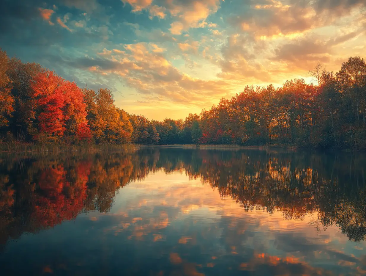 Stille Seelandschaft bei farbenprächtigem Herbstsonnenuntergang