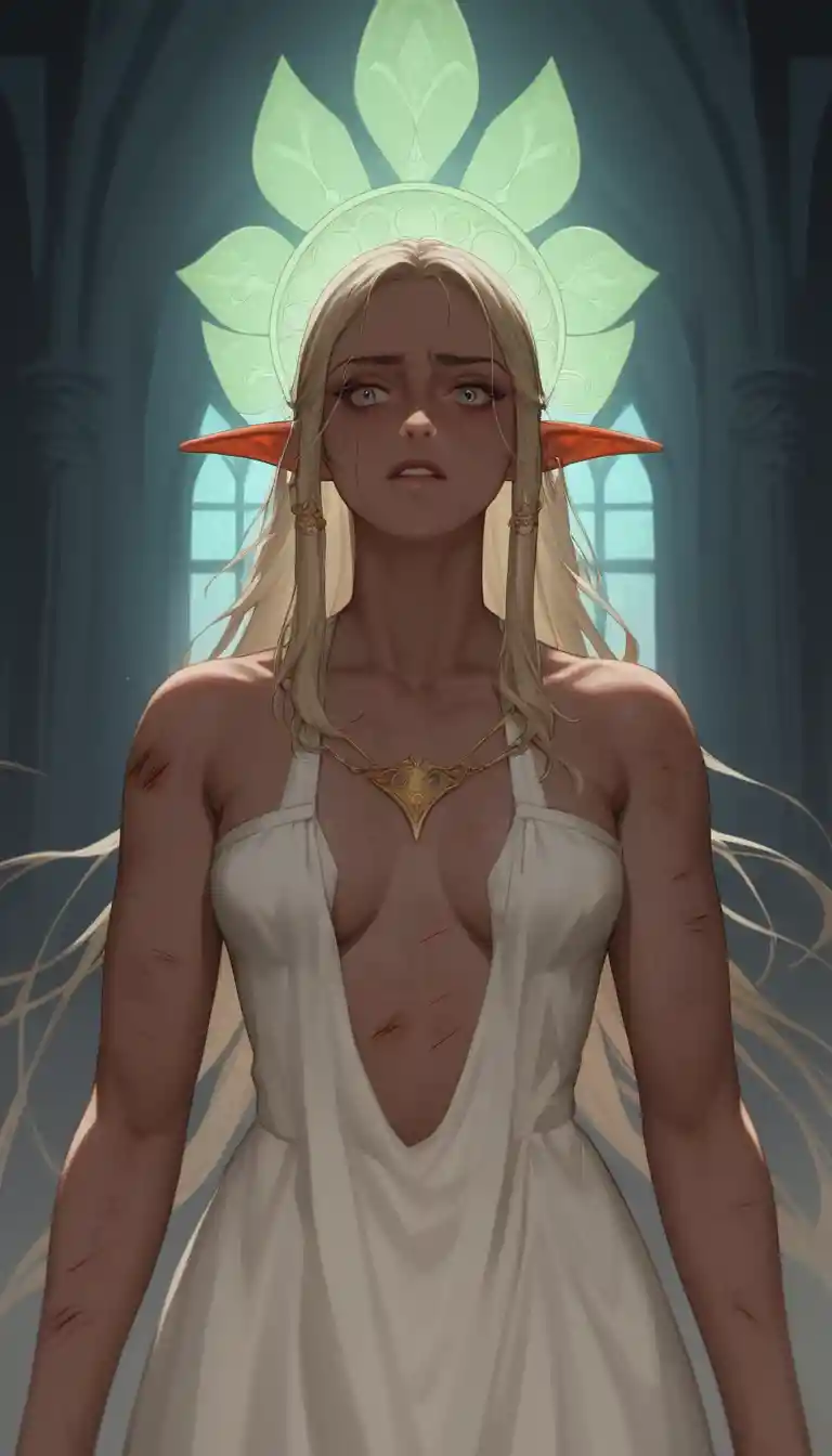 Wounded dark elf princess lying in a ruined palace