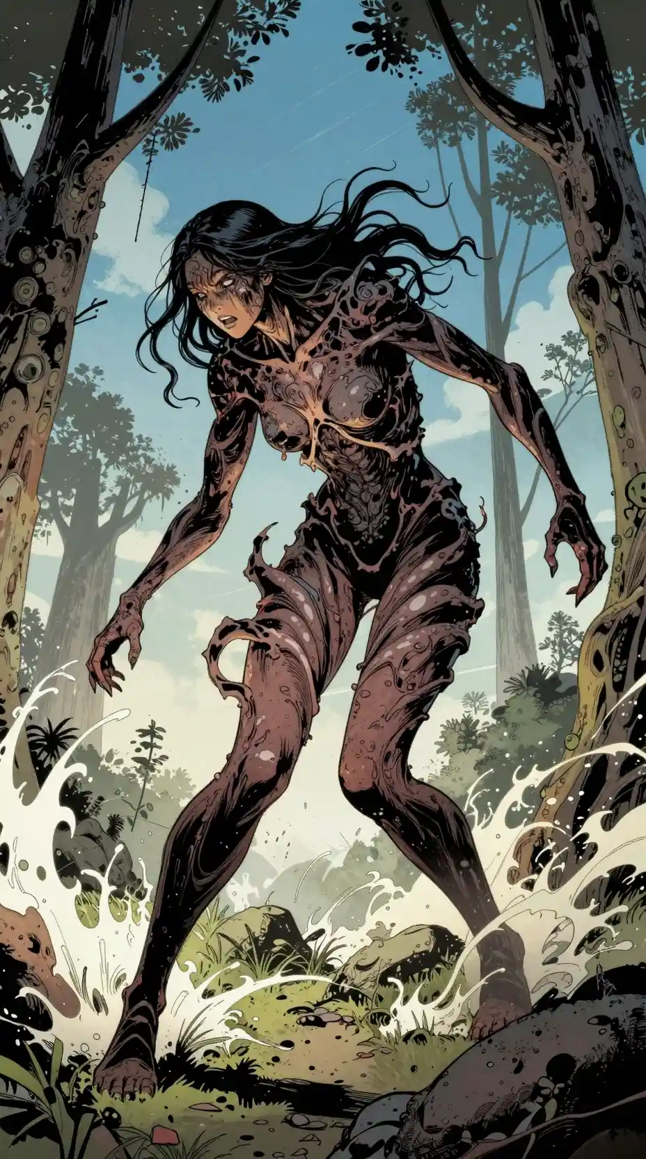 Distorted cosmic monster dragging itself through a dark forest