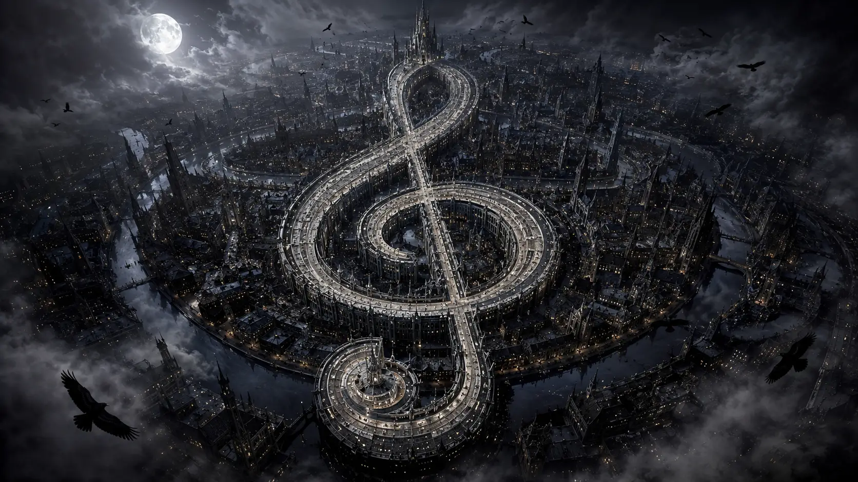 Gothic Metropolis Forming A Treble Clef From Above